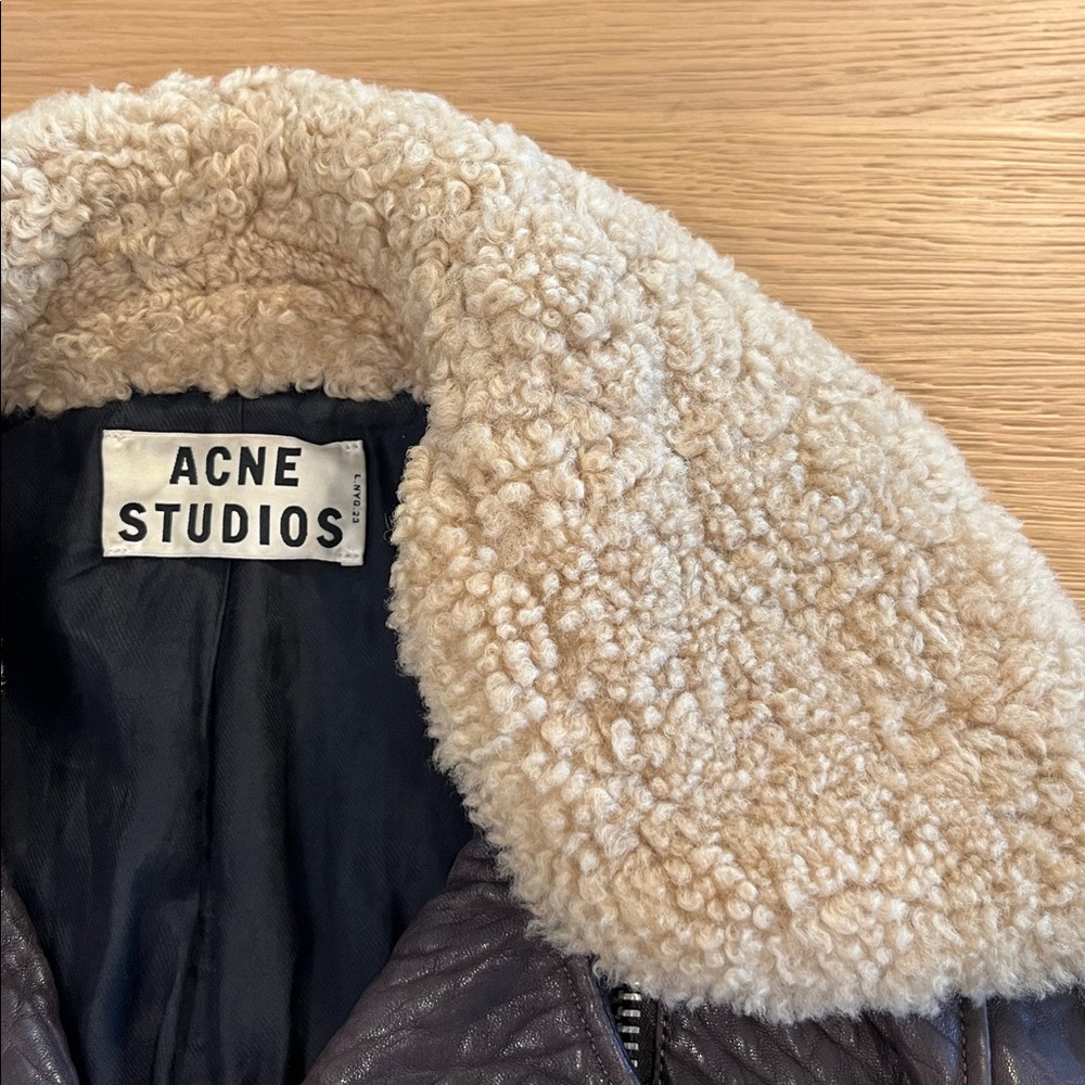 Acne Brown Leather Jacket with Cream Collar - Picture 3 of 8